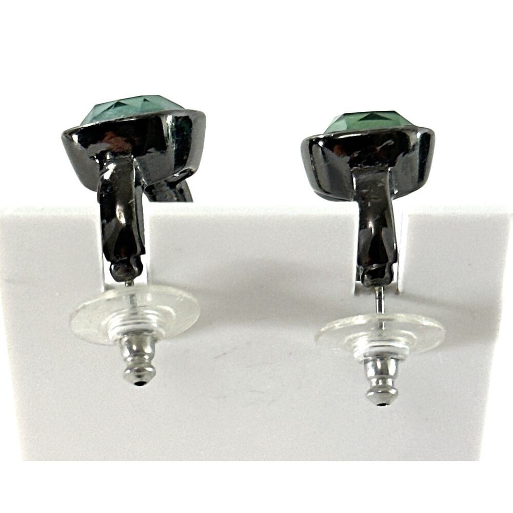 Gunmetal Tone Green Cushion Cut Stone Earrings Modern Minimalist Pierced - Picture 4 of 6